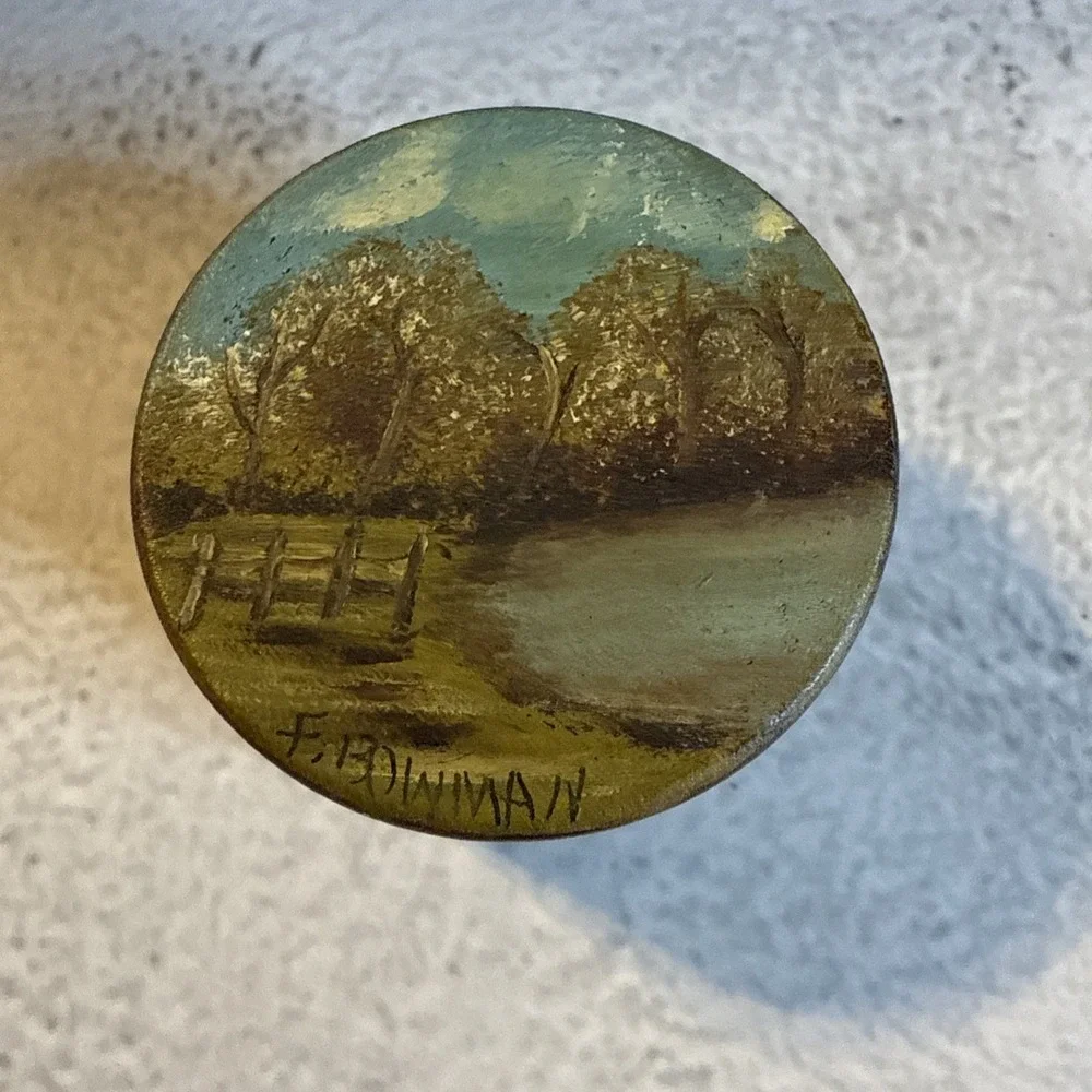 Hand Painted Folk Art Round Wooden Trinket Box Lake Scene Signed By F. Bowman